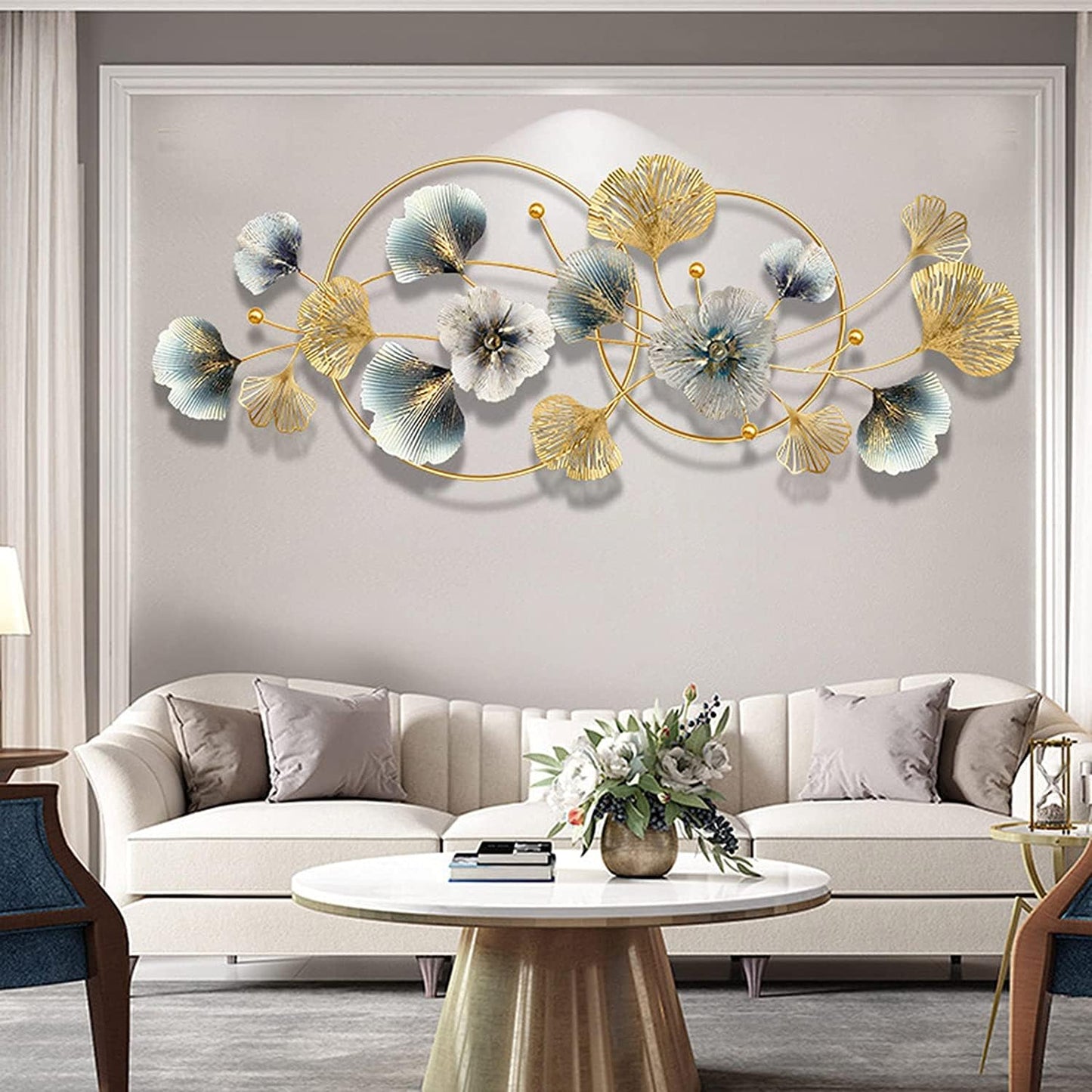Decorative wall art with floral design in a living room setting