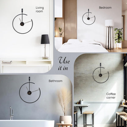 Decorative wall clock with placement suggestions for living room, bedroom, bathroom, and coffee corner.