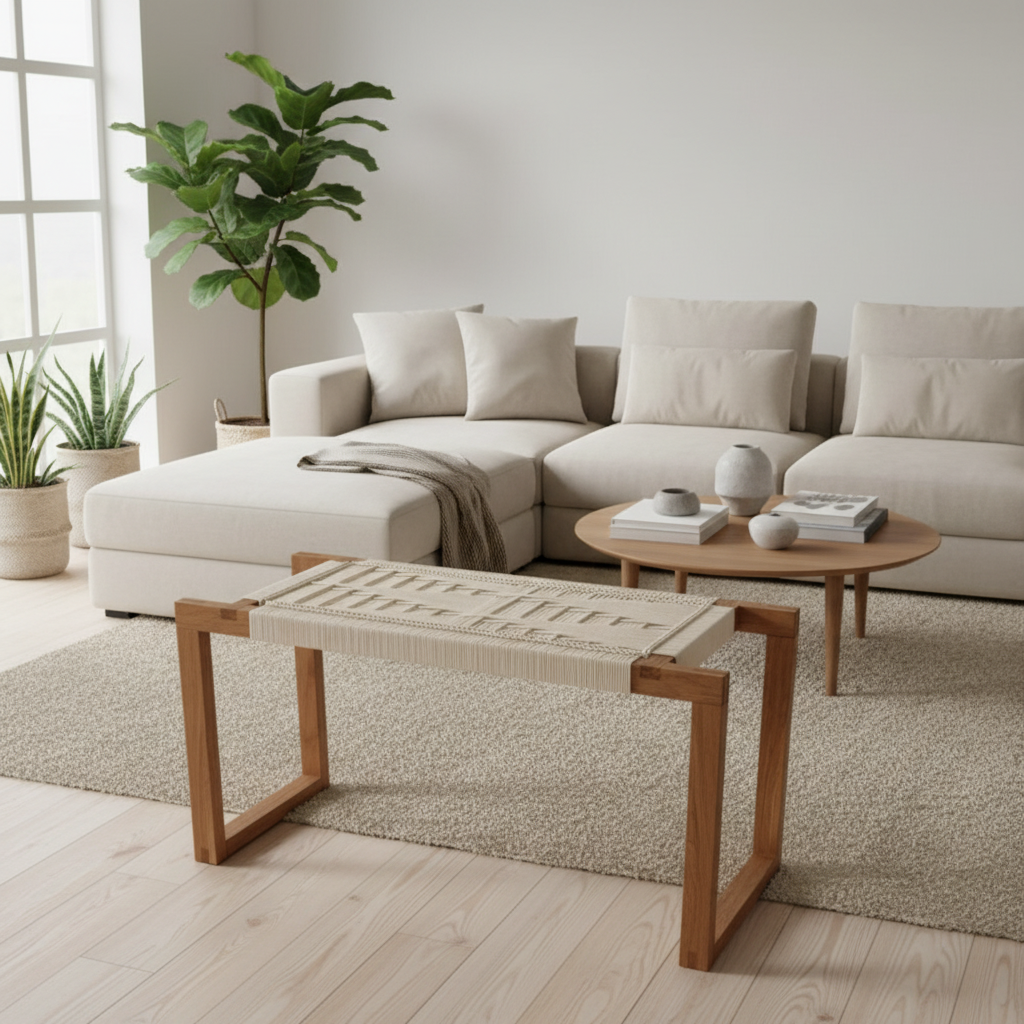 Modern living room with a beige sectional sofa, wooden coffee table, and decorative items.
