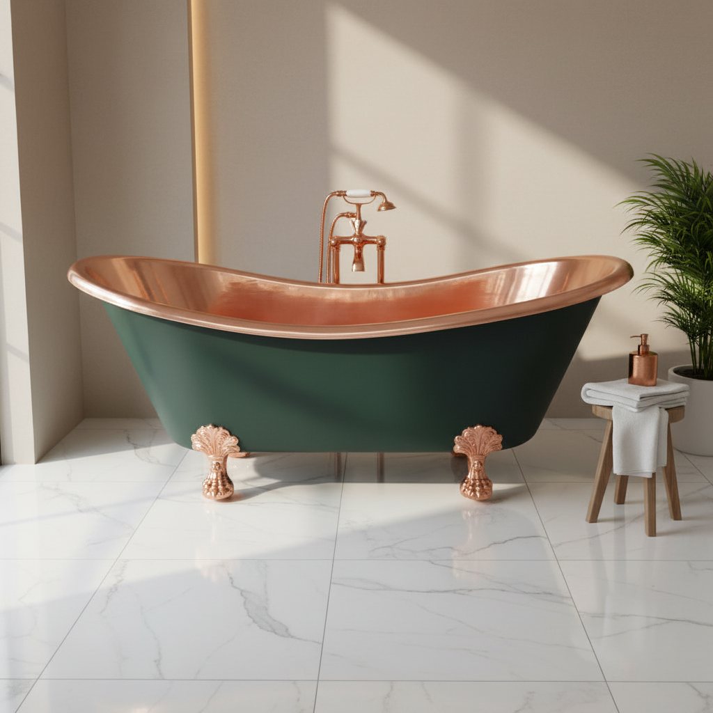 Green and copper bathtub in a modern bathroom setting