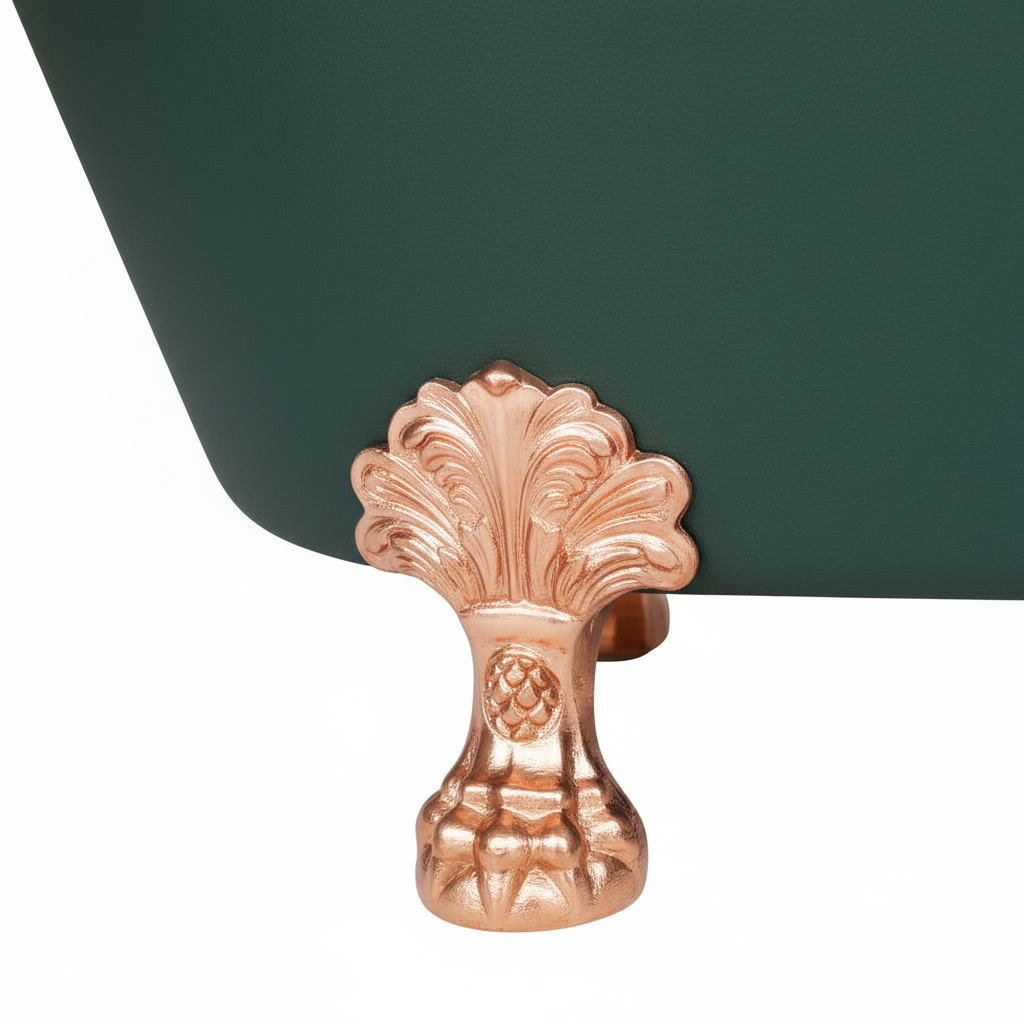 Decorative copper foot on a green chair with a white background