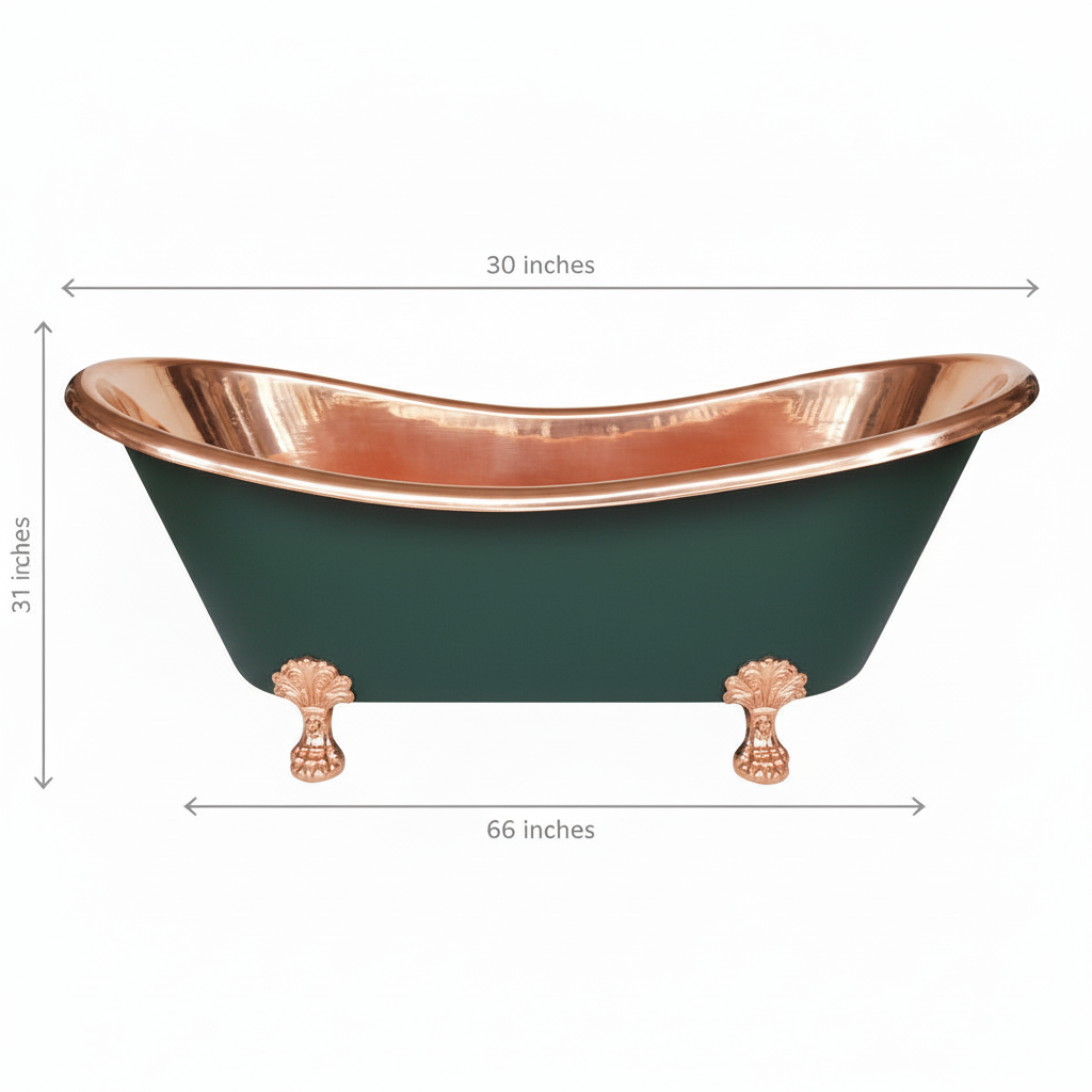 Green freestanding bathtub with copper accents and dimensions on a white background