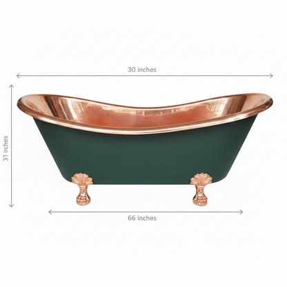 Green freestanding bathtub with copper accents and dimensions on a white background
