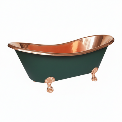 Green freestanding bathtub with copper interior and feet on a white background