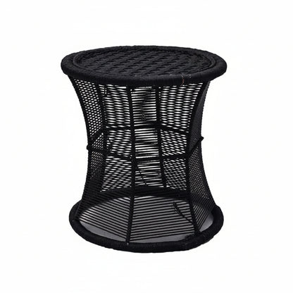 Black woven side table on a white background