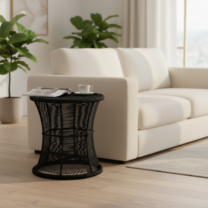 Black woven side table in a living room with a white sofa and plants.