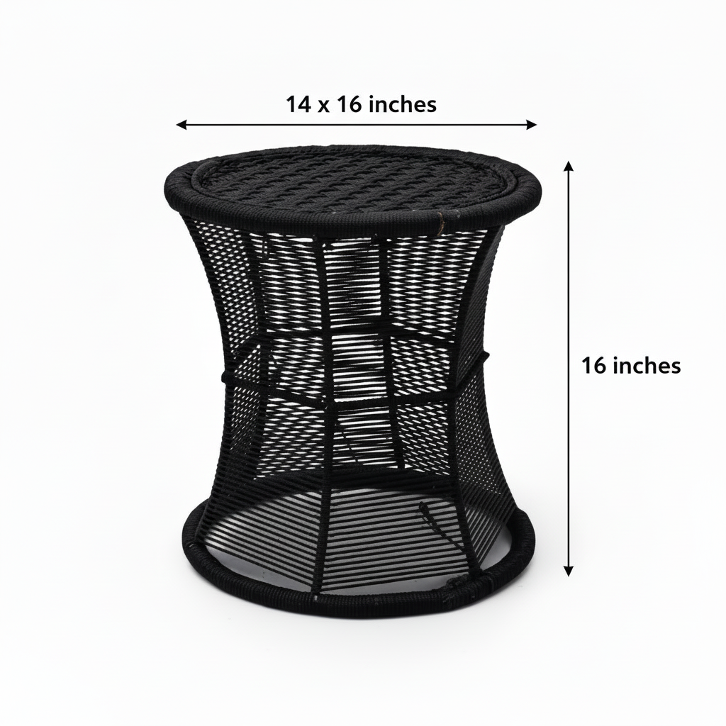 Black mesh side table with dimensions labeled on a white background