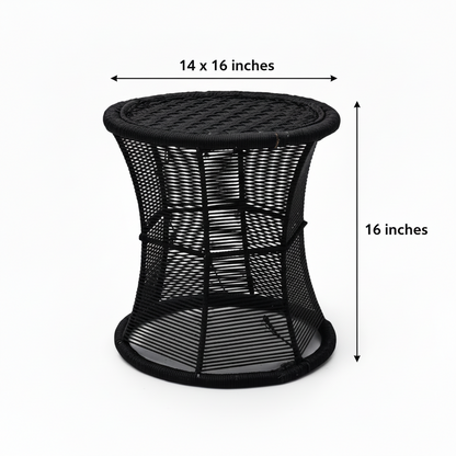 Black mesh side table with dimensions labeled on a white background