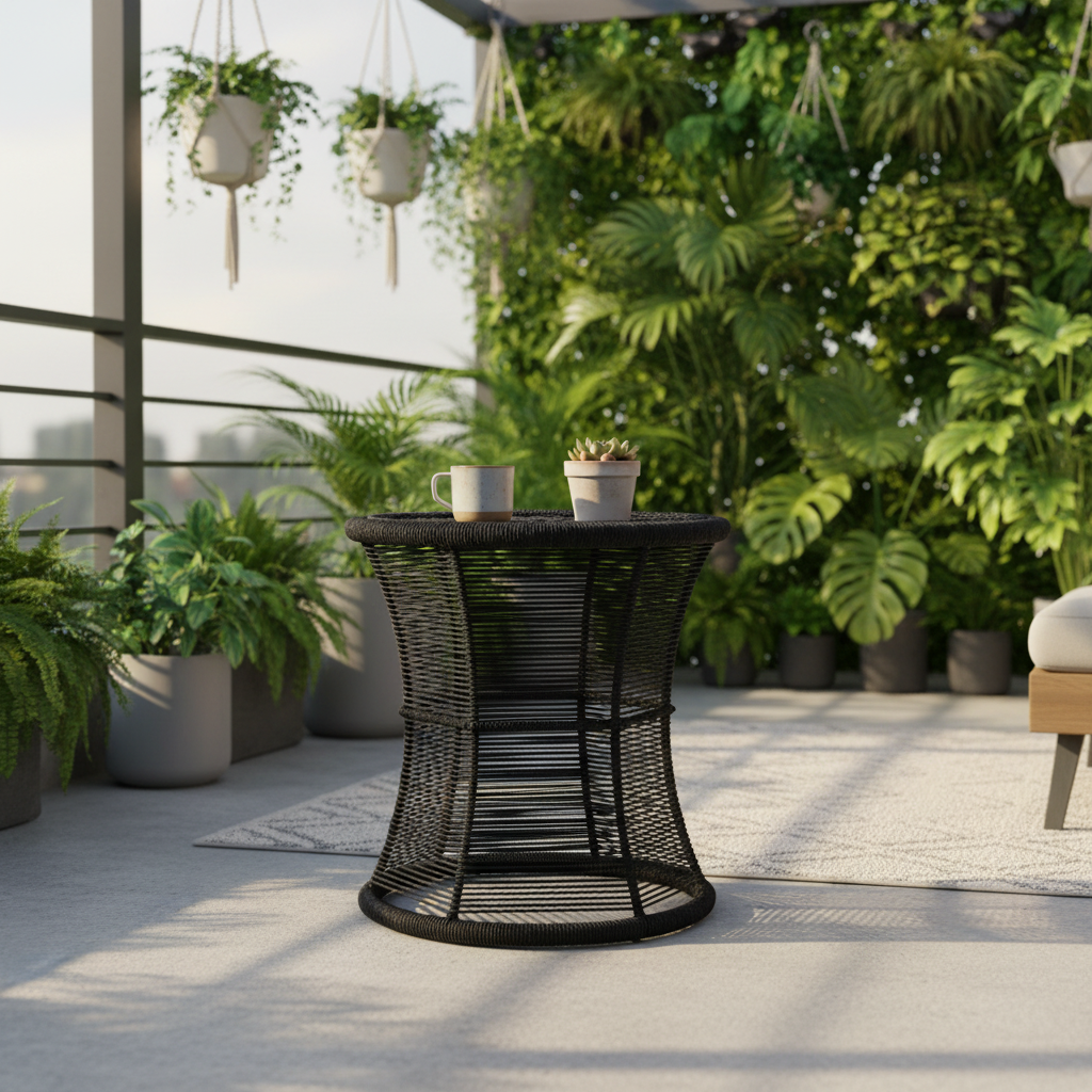 Black woven side table with potted plants on a patio