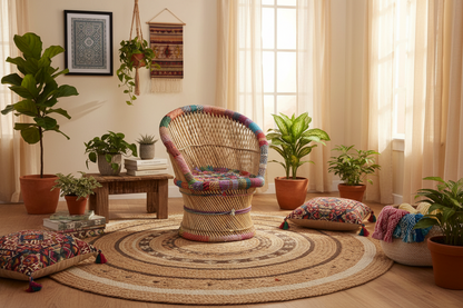 Wicker chair with colorful cushions in a room with plants and decor