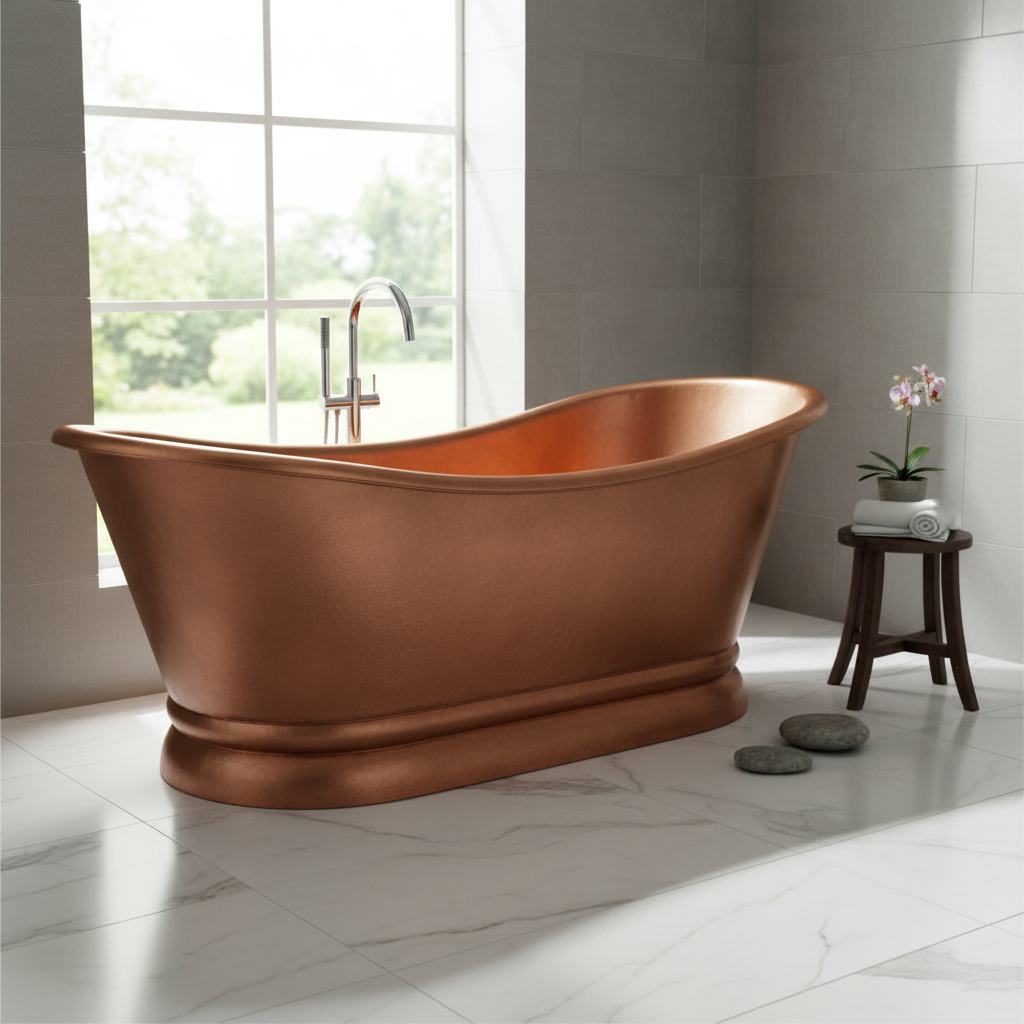 Copper bathtub in a modern bathroom with large windows