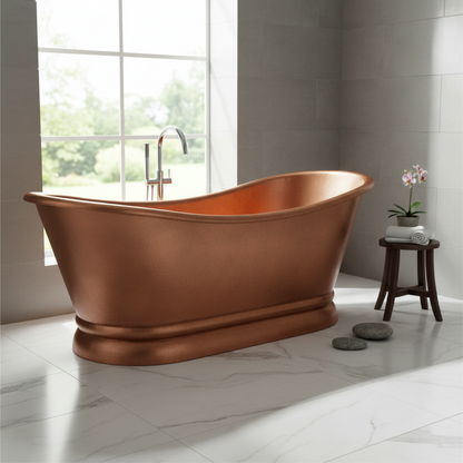 Copper bathtub in a modern bathroom with large windows