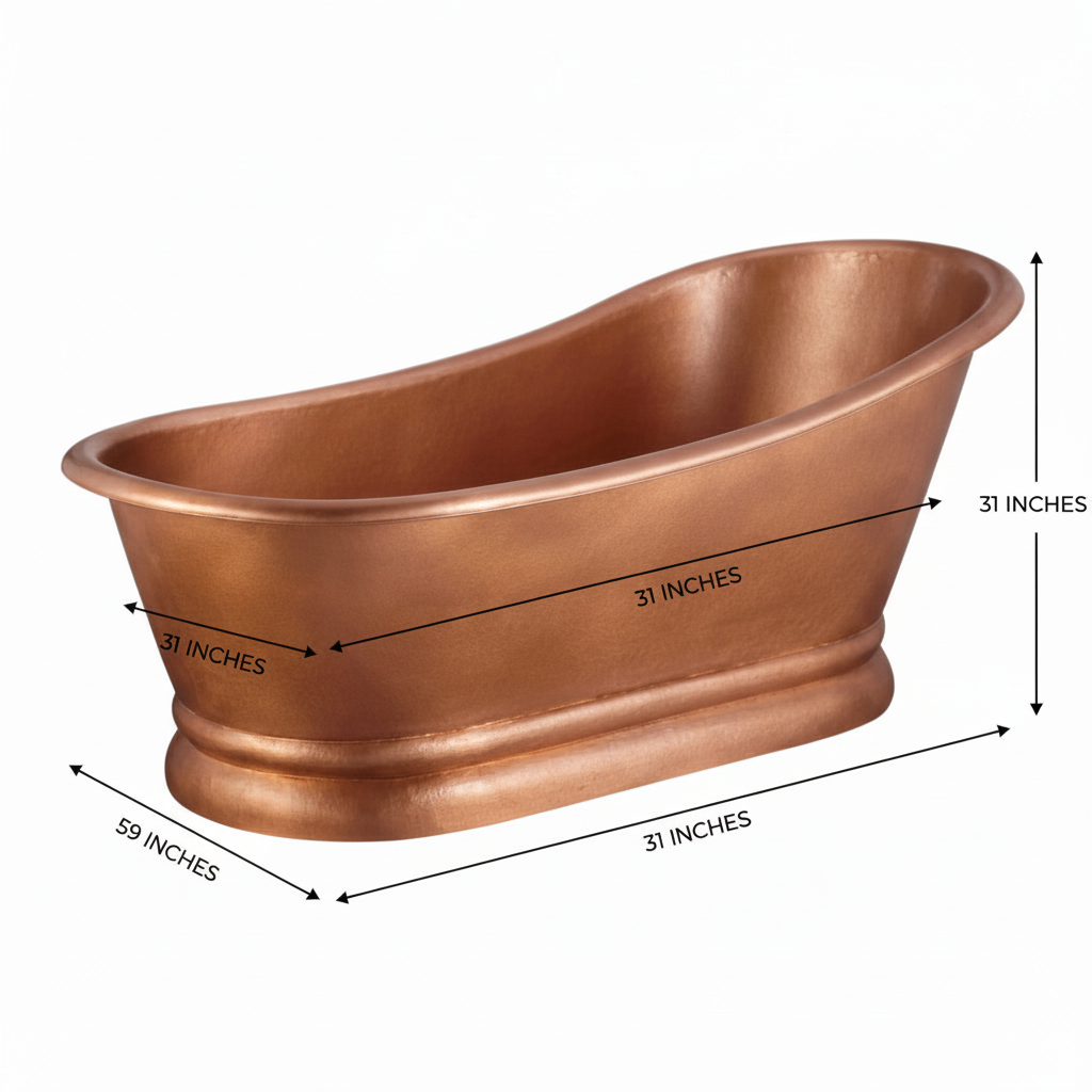 Copper bathtub with dimensions marked on a white background