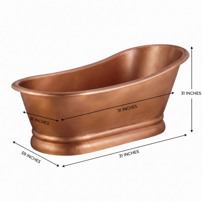 Copper bathtub with dimensions marked on a white background