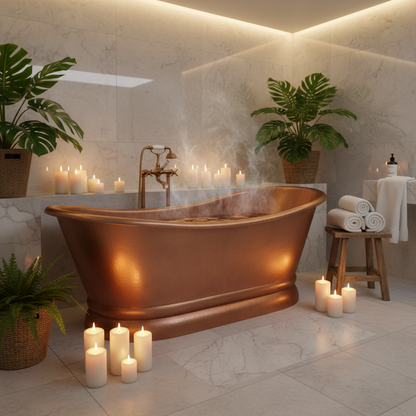 Relaxing bathroom scene with a copper bathtub, candles, and plants.