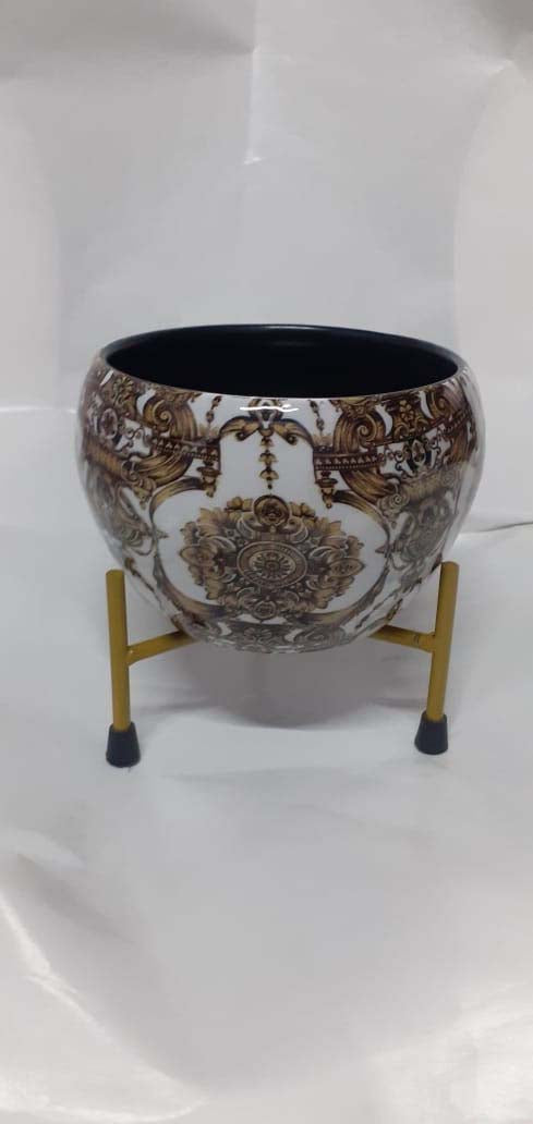 Designer Metal Bowl Shaped Planter with Golden Metal Stand – 8×8 Inch