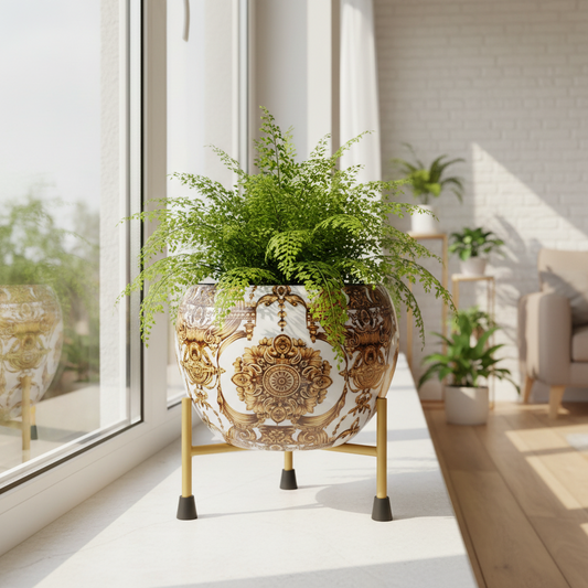 Designer Metal Bowl Planter with Golden Stand Brown Finish - Brass Decors