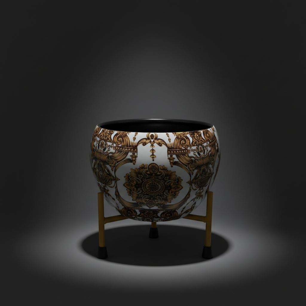 Designer Metal Bowl Planter with Golden Stand Brown Finish - Brass Decors
