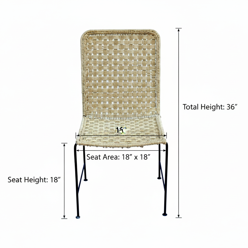 Woven chair with dimensions labeled on a white background