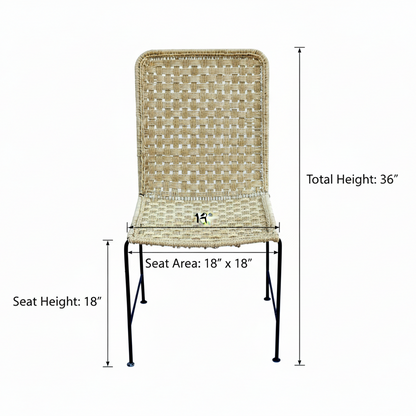 Woven chair with dimensions labeled on a white background