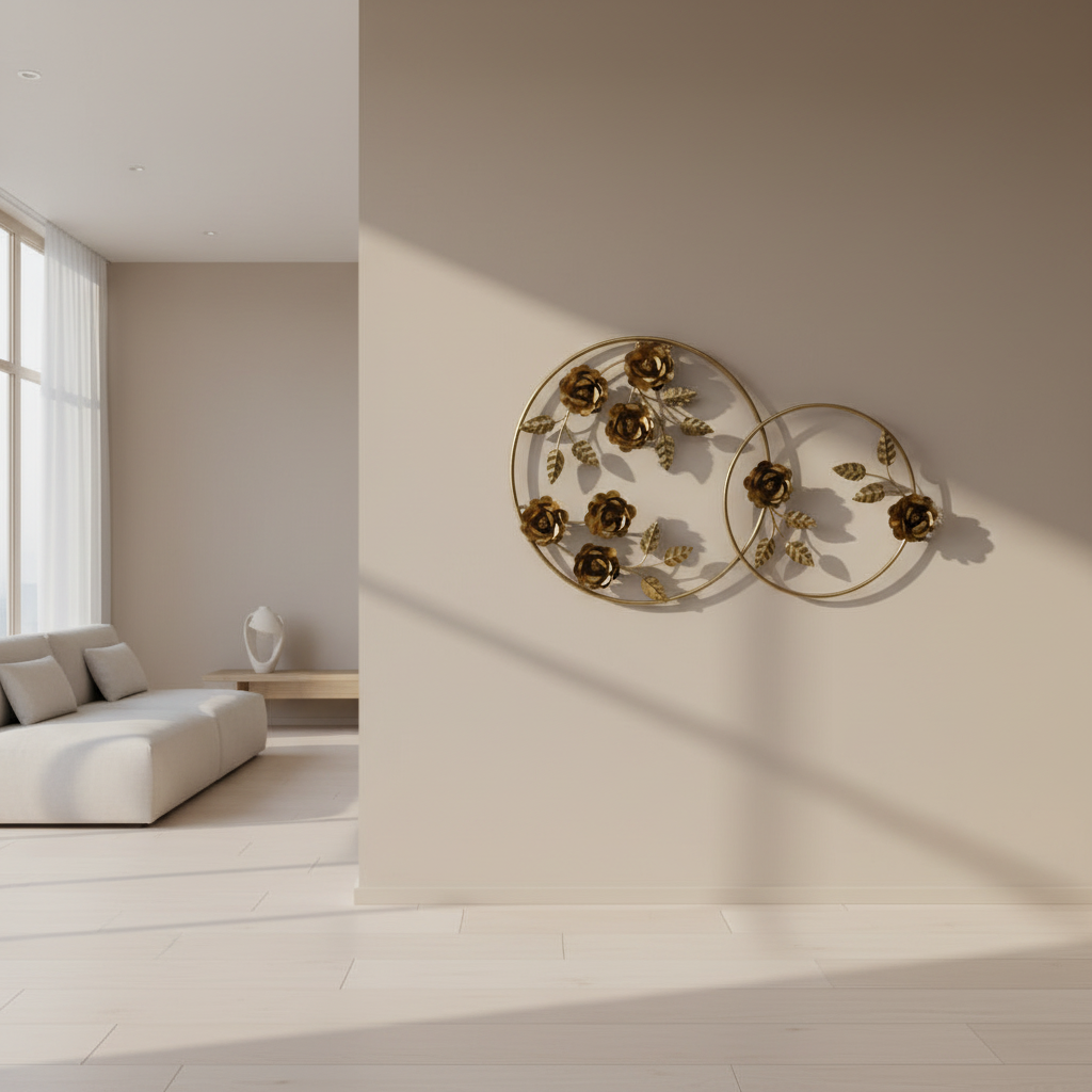 Leaves Metal Wall Decor with Golden Frame for Living Room - Brass Decors
