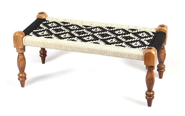 Handcrafted Natural Wooden Rope Bench – Black & White