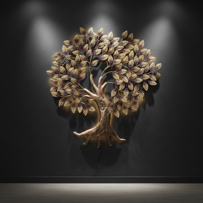 Decorative wall art of a tree with gold leaves on a black background