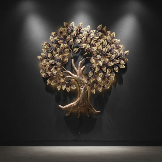 Decorative wall art of a tree with gold leaves on a black background