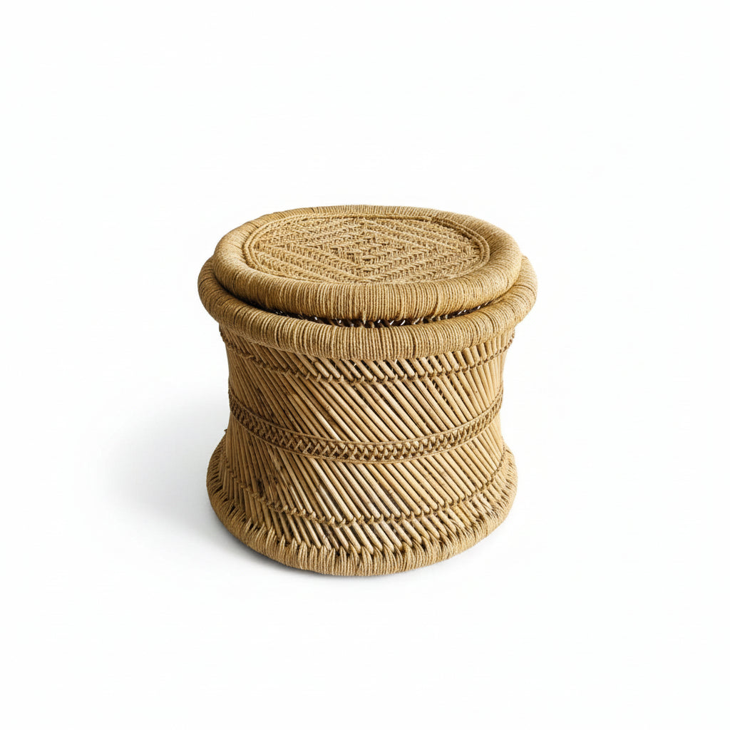 Woven basket with a lid on a marble floor