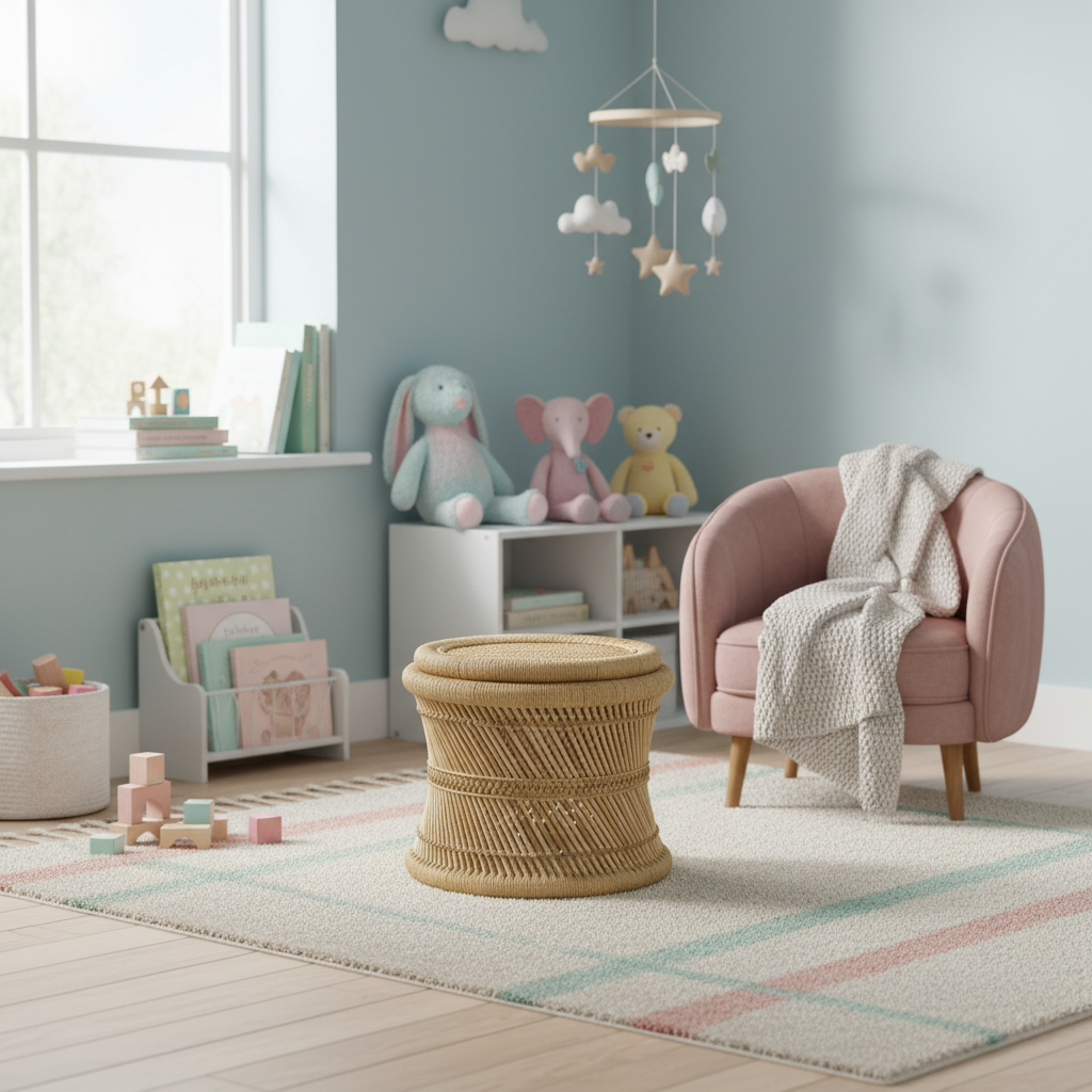 Children's room with pastel colors, toys, and a pink chair.