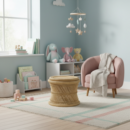 Children's room with pastel colors, toys, and a pink chair.