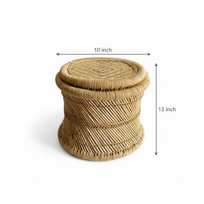 Woven stool with dimensions indicated on a white background