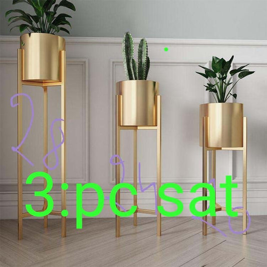 Gold Metal Planters with Stands – Set of 3