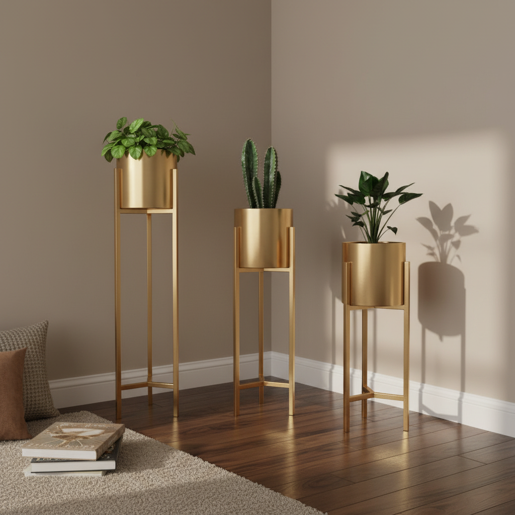 Three gold plant stands with potted plants against a neutral wall.