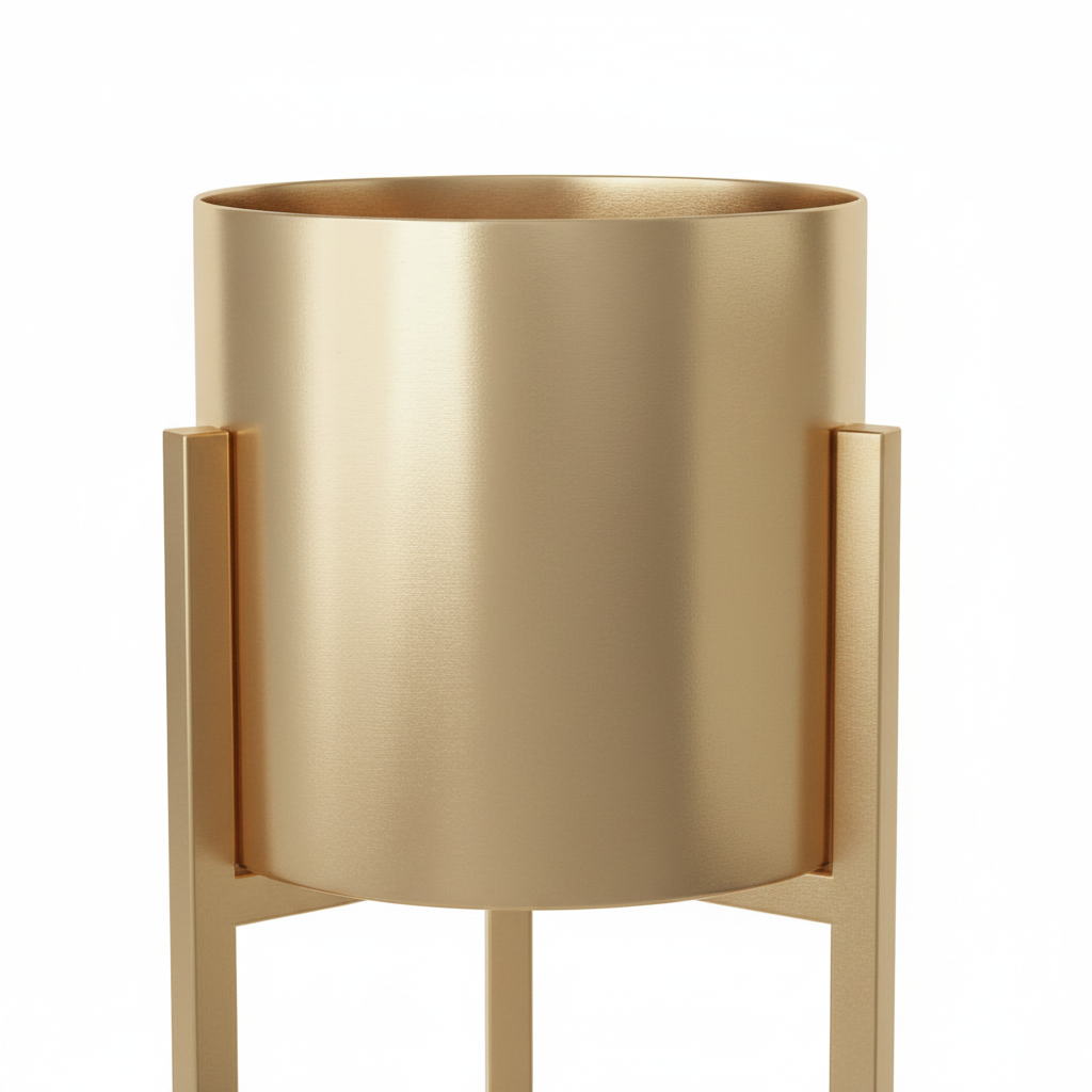 Gold metal planter with stand on a white background
