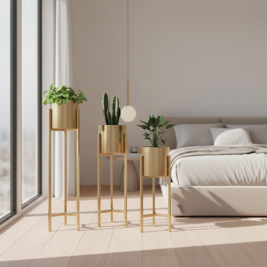 Three gold plant stands with potted plants in a modern bedroom.
