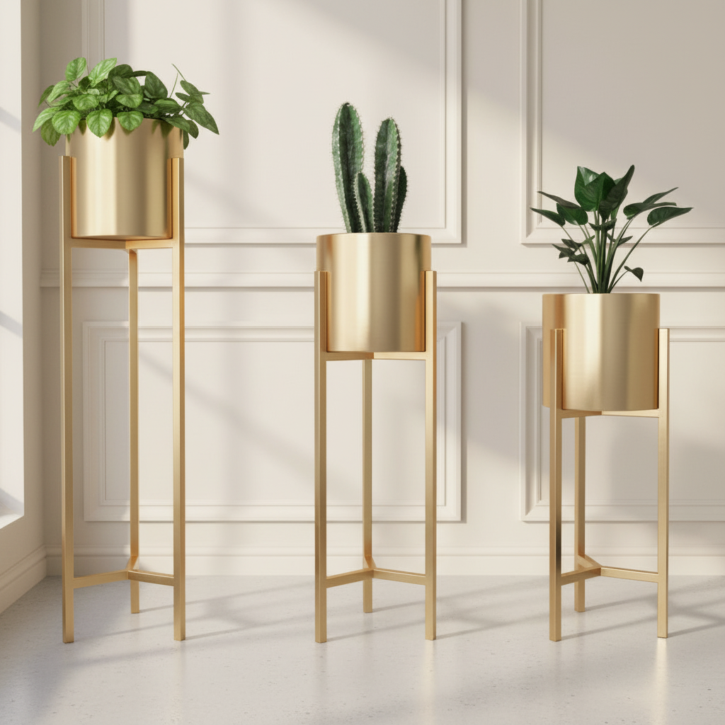 Three gold plant stands with potted plants against a neutral wall.