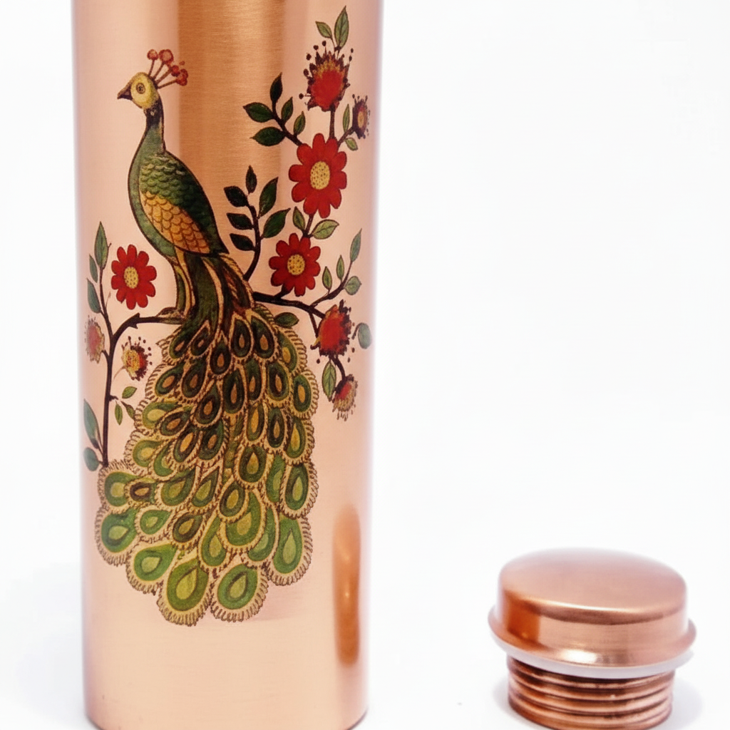 Copper water bottle with peacock and floral design on a white background