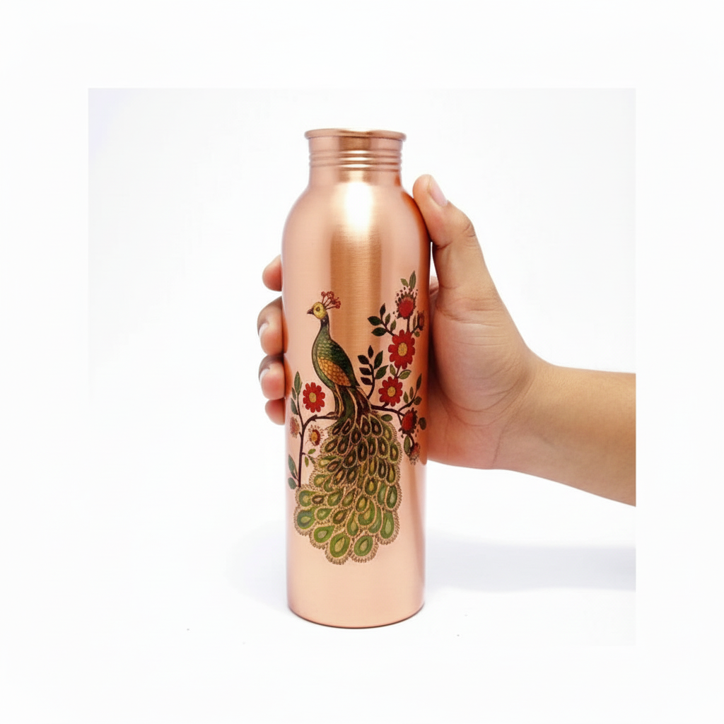 Copper water bottle with peacock design held by a hand on a white background