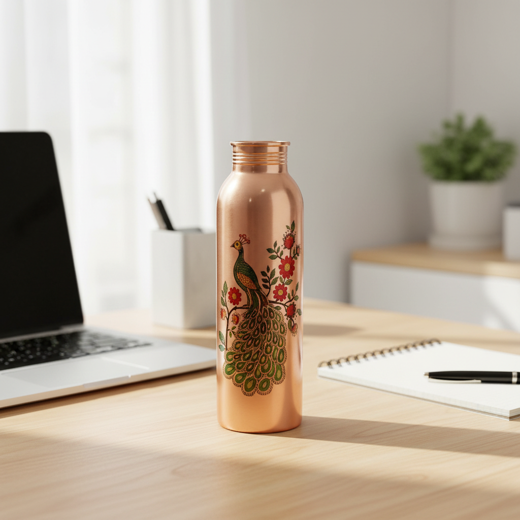 Copper water bottle with peacock design on a desk with a laptop and notebook.
