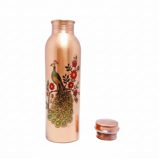 Copper water bottle with peacock design on a white background