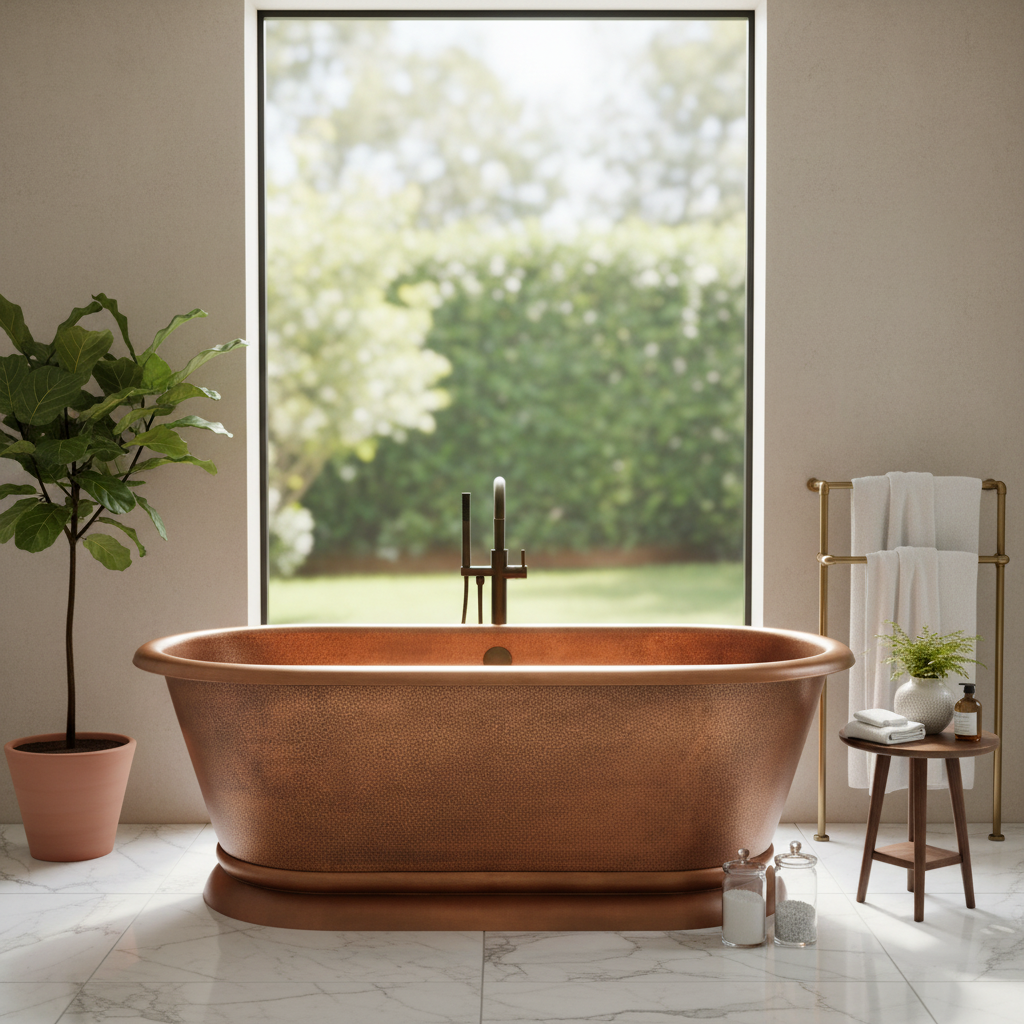 Copper bathtub in a modern bathroom with a large window and plant.