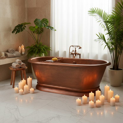 Copper bathtub in a bathroom with candles and plants