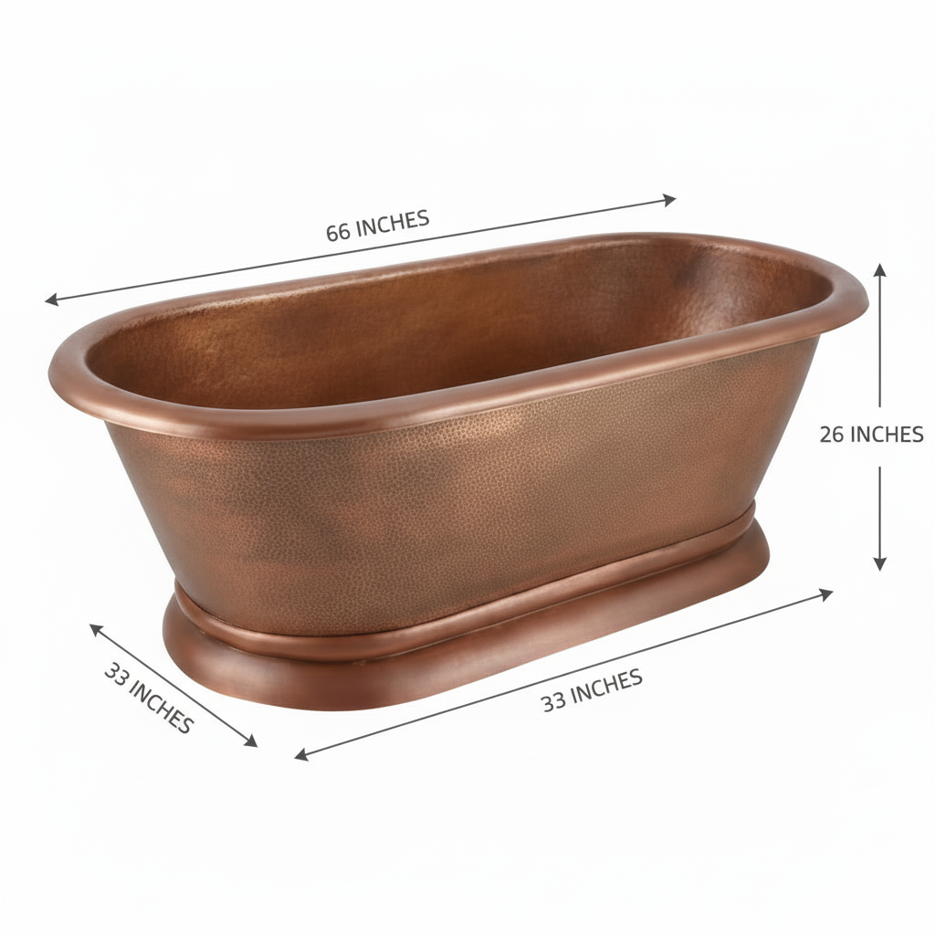Copper bathtub with dimensions labeled on a white background