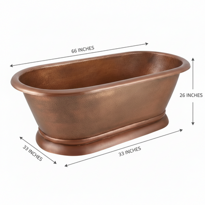 Copper bathtub with dimensions labeled on a white background