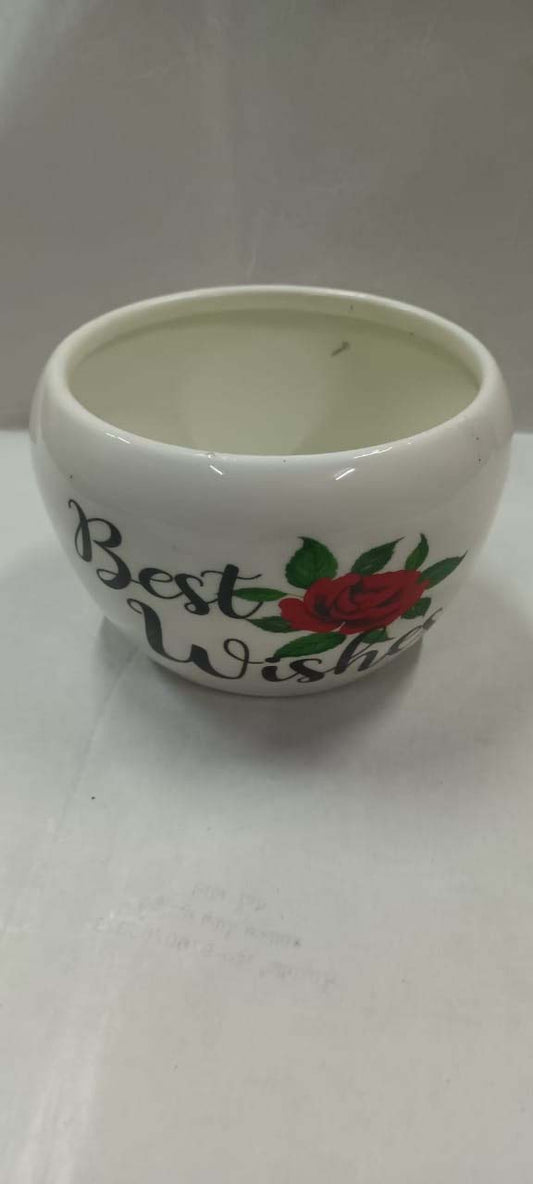 Designer Metal Bowl Shaped Planter With Best Wishes – White Finish