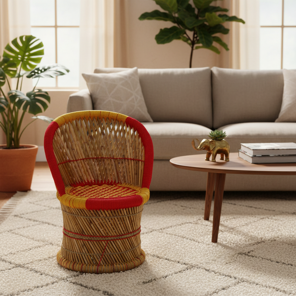 Wicker chair with red accents in a living room setting