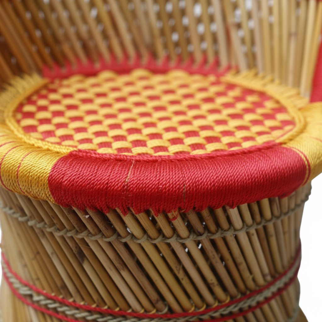 Wicker chair with a red and yellow checkered cushion