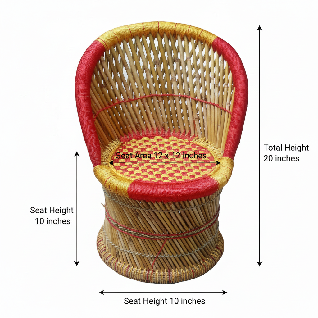 Wicker chair with red accents and dimensions labeled on a white background