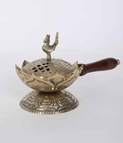 Dhoopdaan  With Wooden Handel– Decorative Brass Incense Holder (5 Inch, Super Fine Brass)
